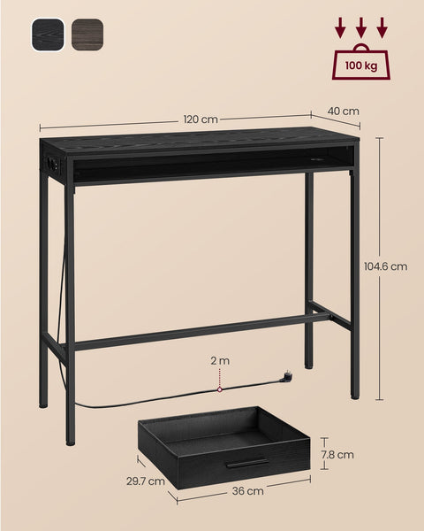 Rootz Bar Table with Drawer - Pub Table - High Table - Chipboard and Steel - 40cm x 120cm x 104.6cm - Ebony Black