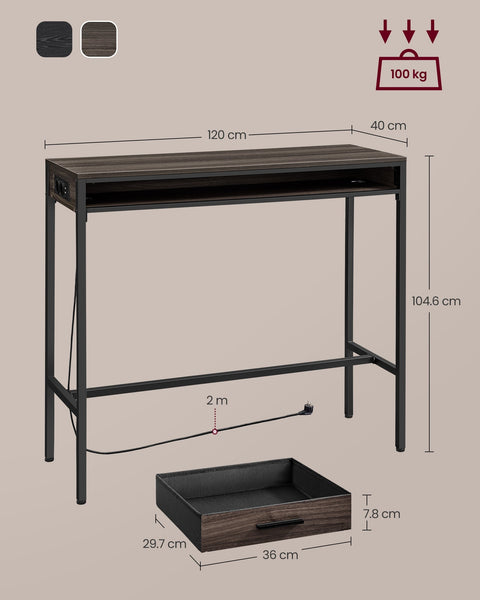 Rootz Bar Table with Drawer - Pub Table - Storage Table - Chipboard and Steel - 40cm x 120cm x 104.6cm - Ash Brown