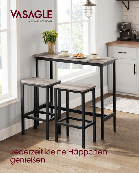 Rootz 3 Piece Bar Table Set - Pub Table - Counter Height Table - Chipboard and Steel - Greige Mottled-Ink Black - 100cm x 40cm x 90cm - 40cm x 30cm x 65cm - Lightweight - Sturdy - Easy Assembly