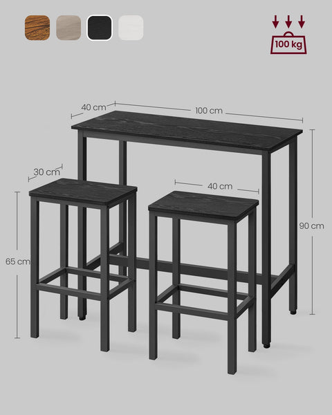 Rootz Bar Table & Stool Set - Pub Set - High Top Dining Set - Space-Saving Design - Table: 100x40x90cm, Stools: 40x30x65cm