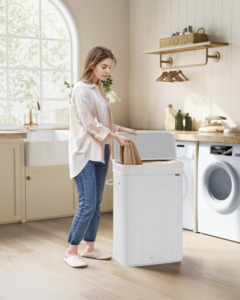 Rootz Laundry Basket with Bamboo Lid - 72L Cloud White - Laundry Hamper - Clothes Storage - Bamboo Lid - 31.5cm x 42.5cm x 61cm