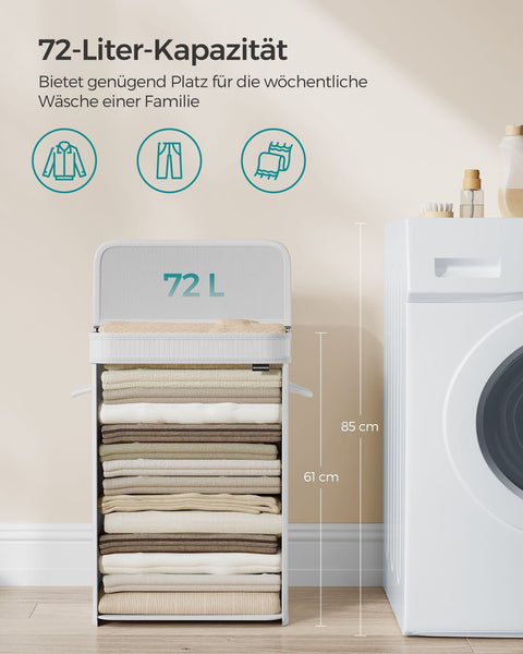 Rootz Laundry Basket with Bamboo Lid - 72L Cloud White - Laundry Hamper - Clothes Storage - Bamboo Lid - 31.5cm x 42.5cm x 61cm