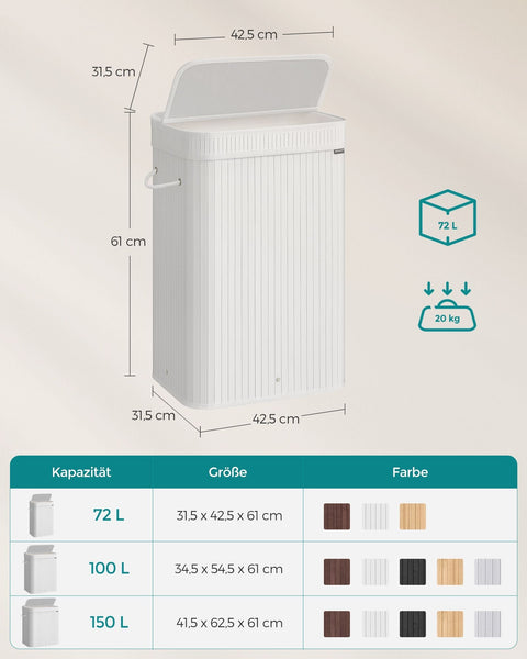 Rootz Laundry Basket with Bamboo Lid - 72L Cloud White - Laundry Hamper - Clothes Storage - Bamboo Lid - 31.5cm x 42.5cm x 61cm