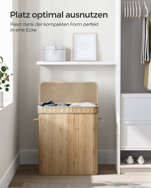 Rootz Natural Bamboo Laundry Basket with Lid - Hamper - Clothes Storage - Eco-Friendly - Lightweight - Durable - 54.5cm x 34.5cm x 61cm