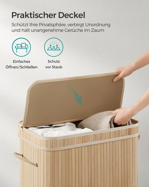 Rootz Natural Bamboo Laundry Basket with Lid - Hamper - Clothes Storage - Eco-Friendly - Lightweight - Durable - 54.5cm x 34.5cm x 61cm