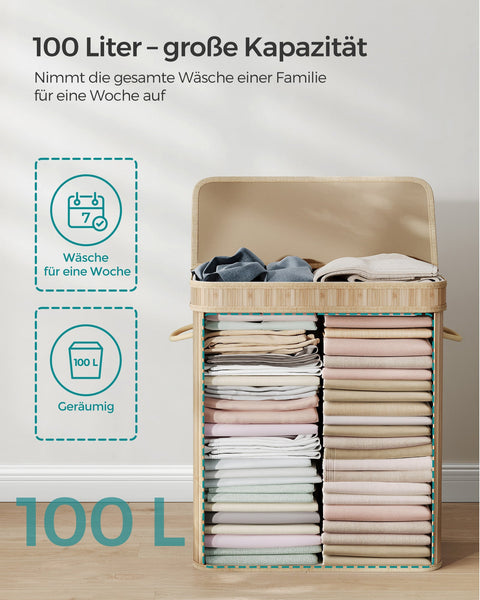 Rootz Natural Bamboo Laundry Basket with Lid - Hamper - Clothes Storage - Eco-Friendly - Lightweight - Durable - 54.5cm x 34.5cm x 61cm