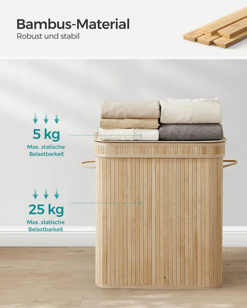 Rootz Natural Bamboo Laundry Basket with Lid - Hamper - Clothes Storage - Eco-Friendly - Lightweight - Durable - 54.5cm x 34.5cm x 61cm