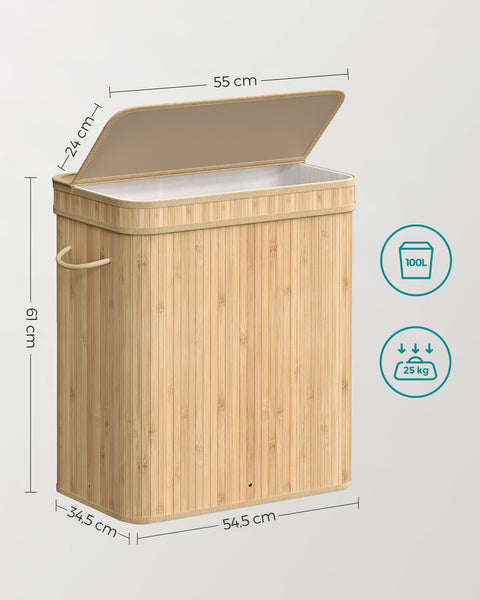 Rootz Natural Bamboo Laundry Basket with Lid - Hamper - Clothes Storage - Eco-Friendly - Lightweight - Durable - 54.5cm x 34.5cm x 61cm