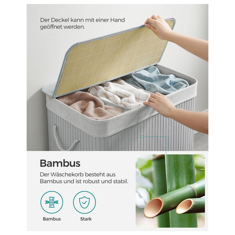 Rootz Laundry Basket - Clothes Organizer - Bamboo Hamper - 3 Compartments - Stylish & Durable - 60cm x 40cm x 61.5cm