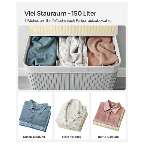 Rootz Laundry Basket - Clothes Organizer - Bamboo Hamper - 3 Compartments - Stylish & Durable - 60cm x 40cm x 61.5cm
