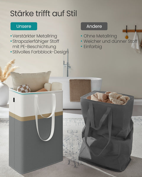 Rootz 2 Piece Laundry Basket Set - Wash Basket - Clothes Hamper - Sturdy Handles - 40x30x65cm Grey