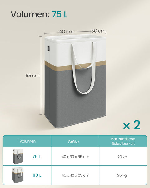 Rootz 2 Piece Laundry Basket Set - Wash Basket - Clothes Hamper - Sturdy Handles - 40x30x65cm Grey