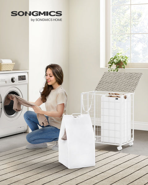 Rootz Rolling Laundry Basket - Clothes Hamper - Storage Bin - Steel Frame - Oxford Fabric - PE Material - Cloud White - 57cm x 33cm x 65cm - Lightweight - Durable - Easy to Assemble
