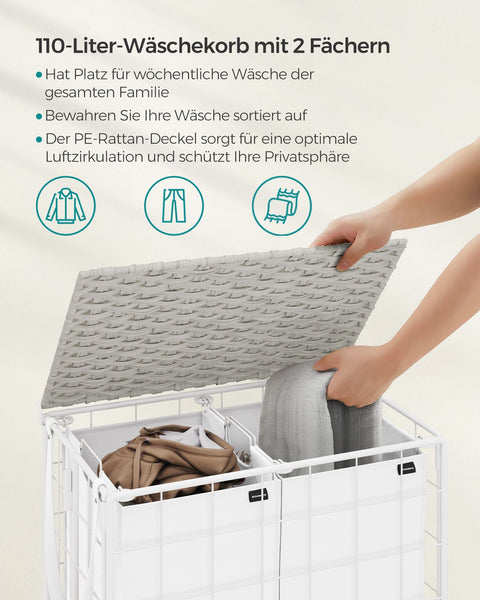 Rootz Rolling Laundry Basket - Clothes Hamper - Storage Bin - Steel Frame - Oxford Fabric - PE Material - Cloud White - 57cm x 33cm x 65cm - Lightweight - Durable - Easy to Assemble