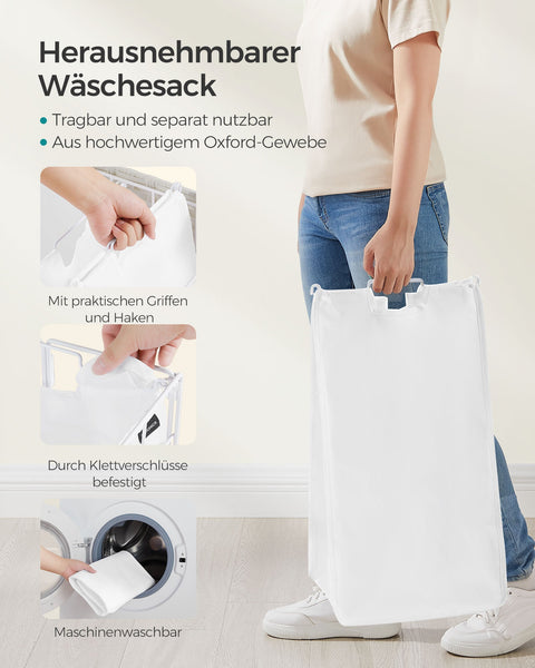 Rootz Rolling Laundry Basket - Clothes Hamper - Storage Bin - Steel Frame - Oxford Fabric - PE Material - Cloud White - 57cm x 33cm x 65cm - Lightweight - Durable - Easy to Assemble