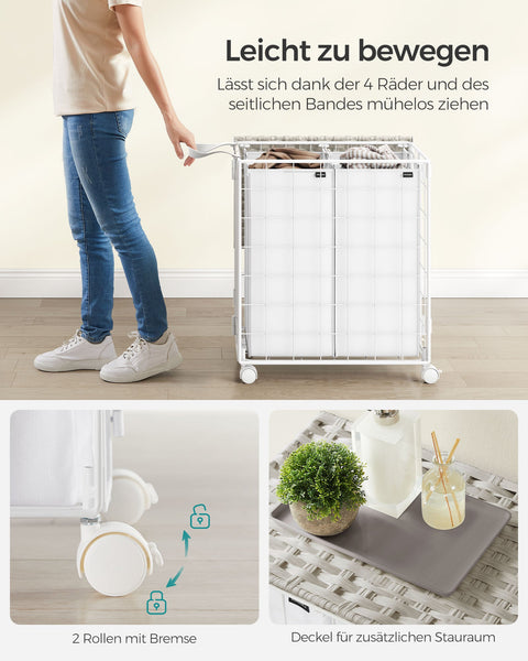 Rootz Rolling Laundry Basket - Clothes Hamper - Storage Bin - Steel Frame - Oxford Fabric - PE Material - Cloud White - 57cm x 33cm x 65cm - Lightweight - Durable - Easy to Assemble
