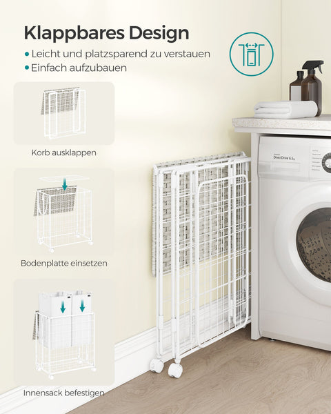 Rootz Rolling Laundry Basket - Clothes Hamper - Storage Bin - Steel Frame - Oxford Fabric - PE Material - Cloud White - 57cm x 33cm x 65cm - Lightweight - Durable - Easy to Assemble