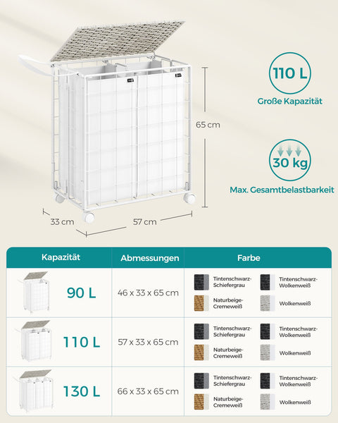 Rootz Rolling Laundry Basket - Clothes Hamper - Storage Bin - Steel Frame - Oxford Fabric - PE Material - Cloud White - 57cm x 33cm x 65cm - Lightweight - Durable - Easy to Assemble