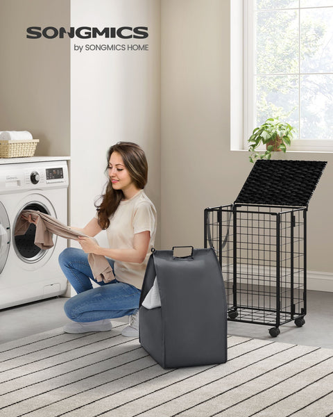 Rootz Laundry Basket with Wheels - Clothes Hamper - Rolling Storage Bin - Steel Frame - Oxford Fabric - PE Material - 46cm x 33cm x 65cm