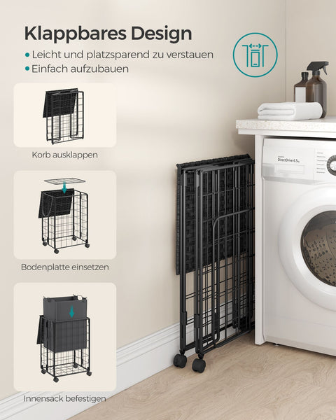 Rootz Laundry Basket with Wheels - Clothes Hamper - Rolling Storage Bin - Steel Frame - Oxford Fabric - PE Material - 46cm x 33cm x 65cm