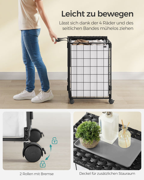 Rootz Rolling Laundry Basket - Clothes Hamper - Laundry Cart - Steel Frame - Oxford Fabric - PE Material - 46cm x 33cm x 65cm
