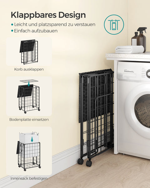 Rootz Rolling Laundry Basket - Clothes Hamper - Laundry Cart - Steel Frame - Oxford Fabric - PE Material - 46cm x 33cm x 65cm