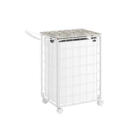 Rootz Rolling Laundry Basket - Clothes Hamper - Storage Bin - Steel Frame - Oxford Fabric - PE Material - Cloud White - 46cm x 33cm x 65cm - Lightweight - Easy to Move - Durable
