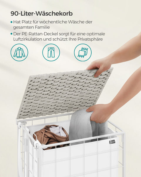 Rootz Rolling Laundry Basket - Clothes Hamper - Storage Bin - Steel Frame - Oxford Fabric - PE Material - Cloud White - 46cm x 33cm x 65cm - Lightweight - Easy to Move - Durable