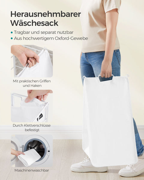 Rootz Rolling Laundry Basket - Clothes Hamper - Storage Bin - Steel Frame - Oxford Fabric - PE Material - Cloud White - 46cm x 33cm x 65cm - Lightweight - Easy to Move - Durable