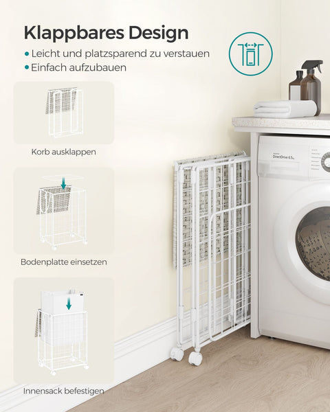 Rootz Rolling Laundry Basket - Clothes Hamper - Storage Bin - Steel Frame - Oxford Fabric - PE Material - Cloud White - 46cm x 33cm x 65cm - Lightweight - Easy to Move - Durable