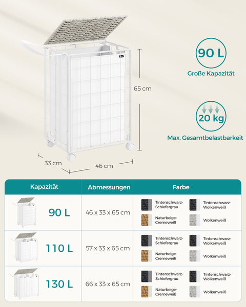 Rootz Rolling Laundry Basket - Clothes Hamper - Storage Bin - Steel Frame - Oxford Fabric - PE Material - Cloud White - 46cm x 33cm x 65cm - Lightweight - Easy to Move - Durable
