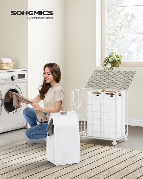 Rootz Rolling Laundry Basket - Clothes Hamper - Storage Bin - Steel Frame - Oxford Fabric - PE Material - 66cm x 33cm x 65cm - Cloud White - Lightweight - Durable - Easy to Assemble