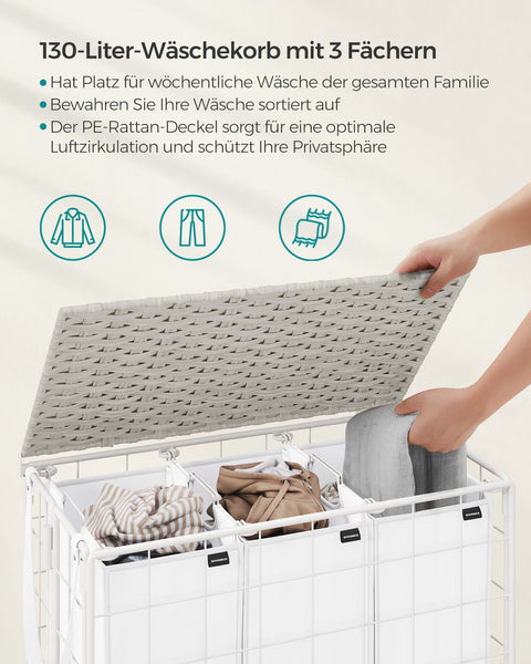 Rootz Rolling Laundry Basket - Clothes Hamper - Storage Bin - Steel Frame - Oxford Fabric - PE Material - 66cm x 33cm x 65cm - Cloud White - Lightweight - Durable - Easy to Assemble