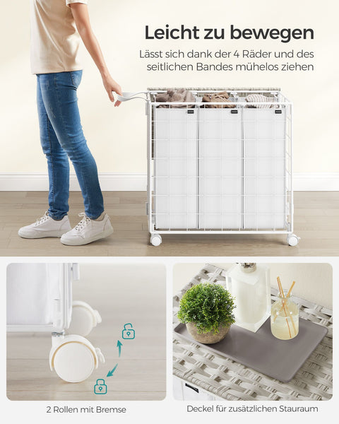 Rootz Rolling Laundry Basket - Clothes Hamper - Storage Bin - Steel Frame - Oxford Fabric - PE Material - 66cm x 33cm x 65cm - Cloud White - Lightweight - Durable - Easy to Assemble