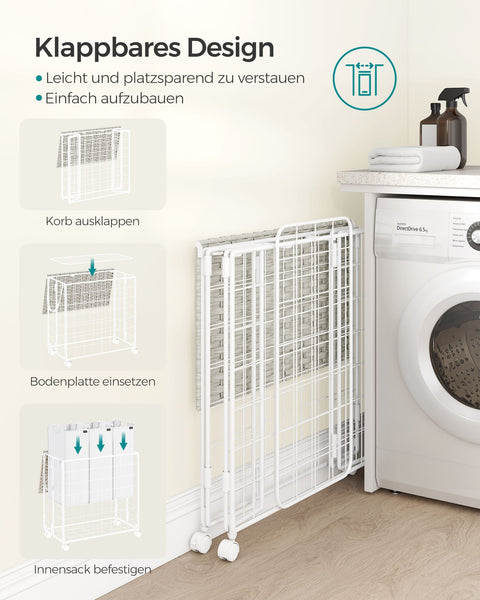 Rootz Rolling Laundry Basket - Clothes Hamper - Storage Bin - Steel Frame - Oxford Fabric - PE Material - 66cm x 33cm x 65cm - Cloud White - Lightweight - Durable - Easy to Assemble
