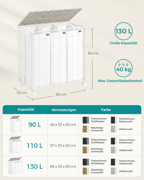 Rootz Rolling Laundry Basket - Clothes Hamper - Storage Bin - Steel Frame - Oxford Fabric - PE Material - 66cm x 33cm x 65cm - Cloud White - Lightweight - Durable - Easy to Assemble