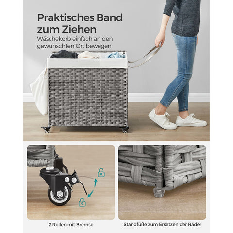 Rootz Gray Laundry Basket - Clothes Hamper - Storage Bin - PP Plastic - Metal Frame - Polyester-Cotton Blend Inner Bag - 70cm x 36cm x 66cm - Lightweight - Durable - Spacious