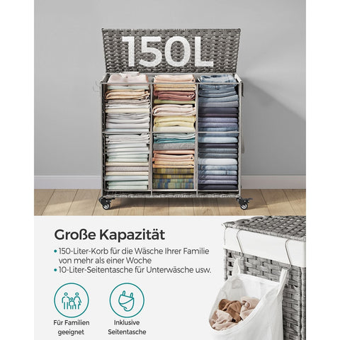 Rootz 3 Compartment Laundry Hamper - Clothes Organizer - Laundry Basket - Space-Saving - 70cm x 36cm x 66cm