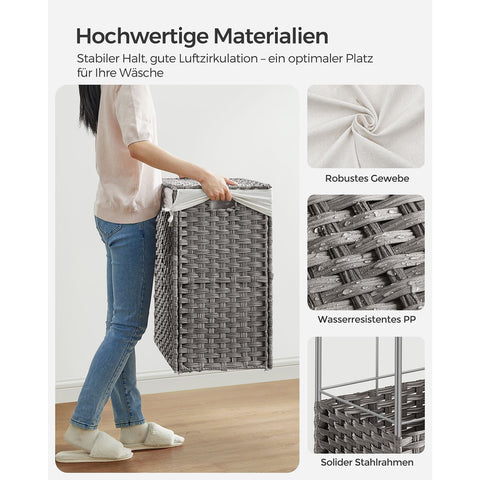 Rootz Gray Laundry Basket - Clothes Hamper - Storage Bin - PP Plastic - Metal Frame - Polyester-Cotton Blend Inner Bag - 70cm x 36cm x 66cm - Lightweight - Durable - Spacious
