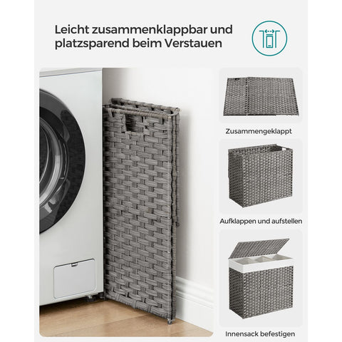 Rootz Gray Laundry Basket - Clothes Hamper - Storage Bin - PP Plastic - Metal Frame - Polyester-Cotton Blend Inner Bag - 70cm x 36cm x 66cm - Lightweight - Durable - Spacious
