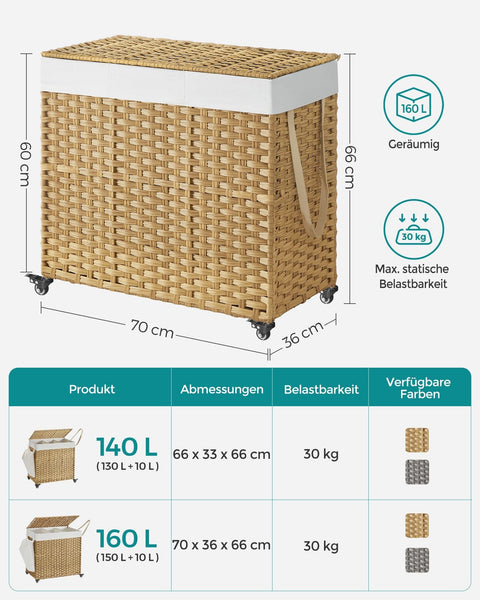 Rootz Laundry Basket with Lid - Wäschekorb - Clothes Hamper - Removable Inner Bag - 70 x 36 x 66cm