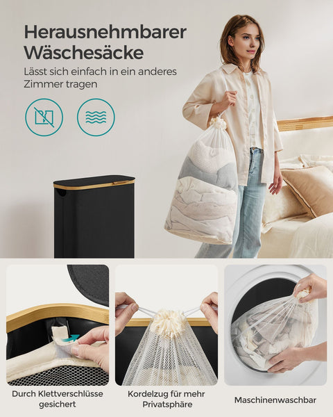 Rootz Portable Folding Laundry Basket - Hamper - Collapsible Storage Bin - 600D Oxford Cloth - Bamboo Frame - Lightweight - 42cm x 22.5cm x 70.5cm