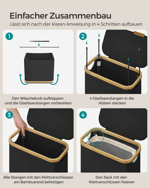 Rootz Portable Folding Laundry Basket - Hamper - Collapsible Storage Bin - 600D Oxford Cloth - Bamboo Frame - Lightweight - 42cm x 22.5cm x 70.5cm