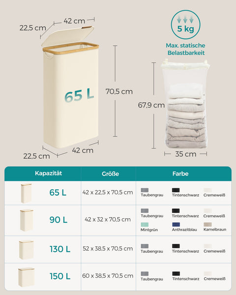 Rootz Laundry Basket - Hamper - Clothes Bin - 60 Liter Capacity - White Lid - 48cm x 38cm x 52cm