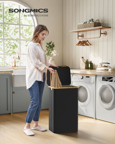 Rootz Portable Laundry Basket - Hamper - Collapsible Storage Bin - 600D Oxford Cloth - Bamboo - Lightweight - Durable - Compact - 42cm x 32cm x 70.5cm