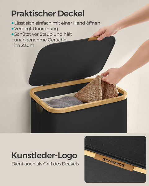 Rootz Portable Laundry Basket - Hamper - Collapsible Storage Bin - 600D Oxford Cloth - Bamboo - Lightweight - Durable - Compact - 42cm x 32cm x 70.5cm