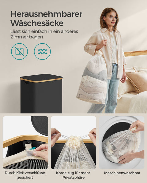 Rootz Portable Laundry Basket - Hamper - Collapsible Storage Bin - 600D Oxford Cloth - Bamboo - Lightweight - Durable - Compact - 42cm x 32cm x 70.5cm