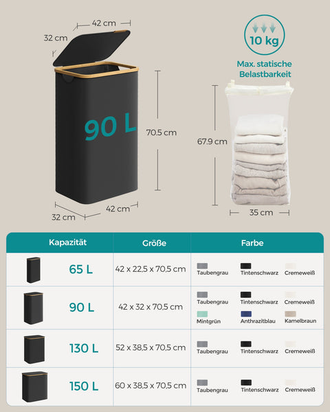 Rootz Portable Laundry Basket - Hamper - Collapsible Storage Bin - 600D Oxford Cloth - Bamboo - Lightweight - Durable - Compact - 42cm x 32cm x 70.5cm
