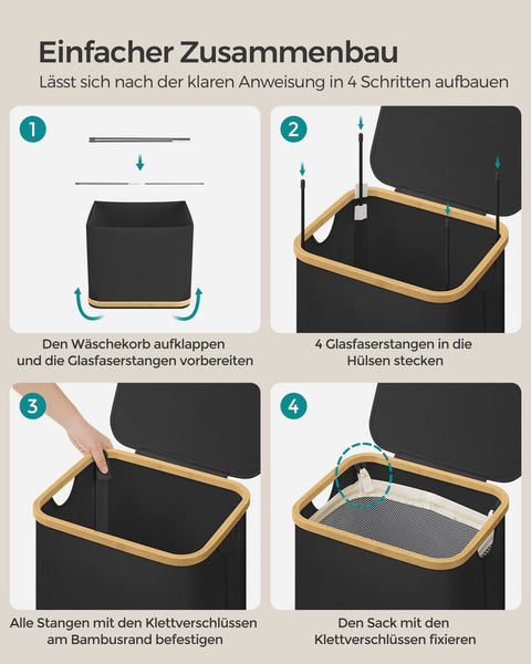 Rootz Portable Laundry Basket - Hamper - Collapsible Storage Bin - 600D Oxford Cloth - Bamboo - Lightweight - Durable - Compact - 42cm x 32cm x 70.5cm