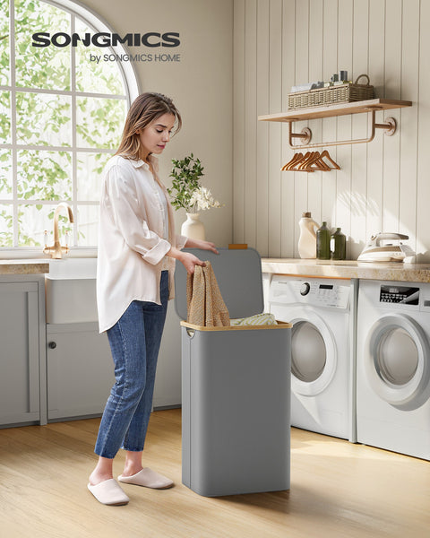 Rootz Portable Dove Gray Laundry Basket - Clothes Hamper - Collapsible Storage Bin - 600D Oxford Fabric - Bamboo Frame - Lightweight - 42cm x 32cm x 70.5cm